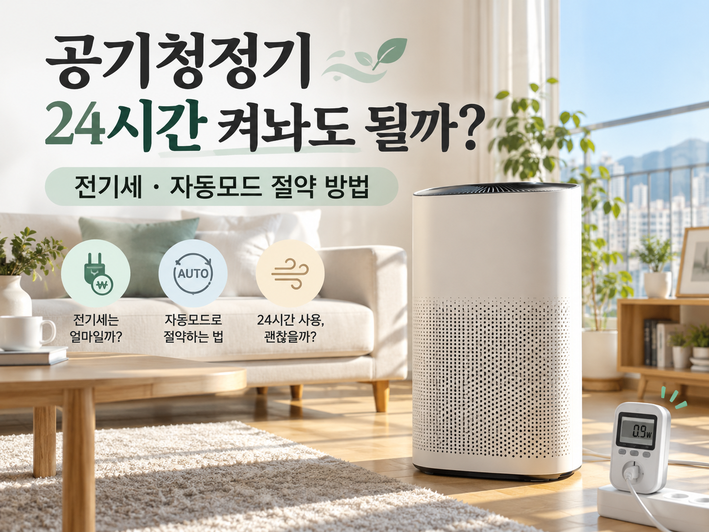 거실에 놓인 공기청정기와 전력 측정기, 24시간 사용 전기세 및 자동모드 안내