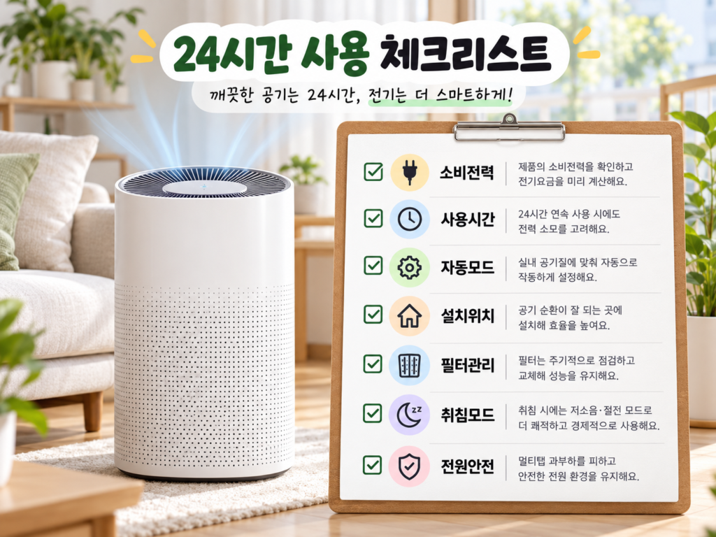 공기청정기 24시간 사용 시 소비전력 사용시간 자동모드 설치위치 필터관리 취침모드 전원안전 체크리스트