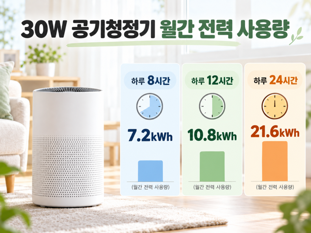 30W 공기청정기를 하루 8시간 12시간 24시간 사용할 때 월간 전력량 7.2 10.8 21.6kWh 비교