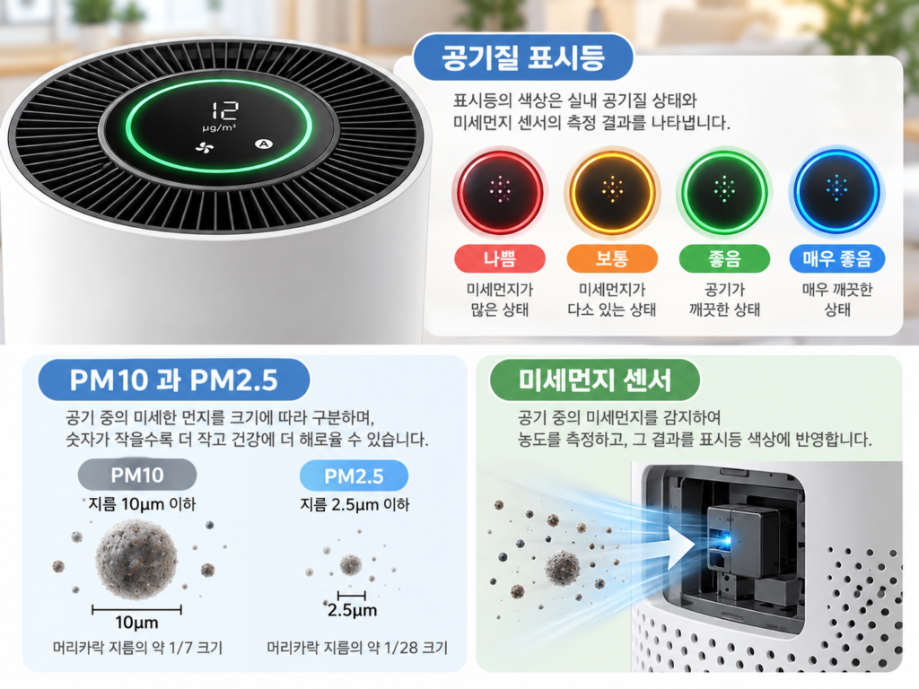 공기청정기 빨간색 주황색 초록색 파란색 공기질 표시등과 PM10 PM2.5 미세먼지 센서 설명