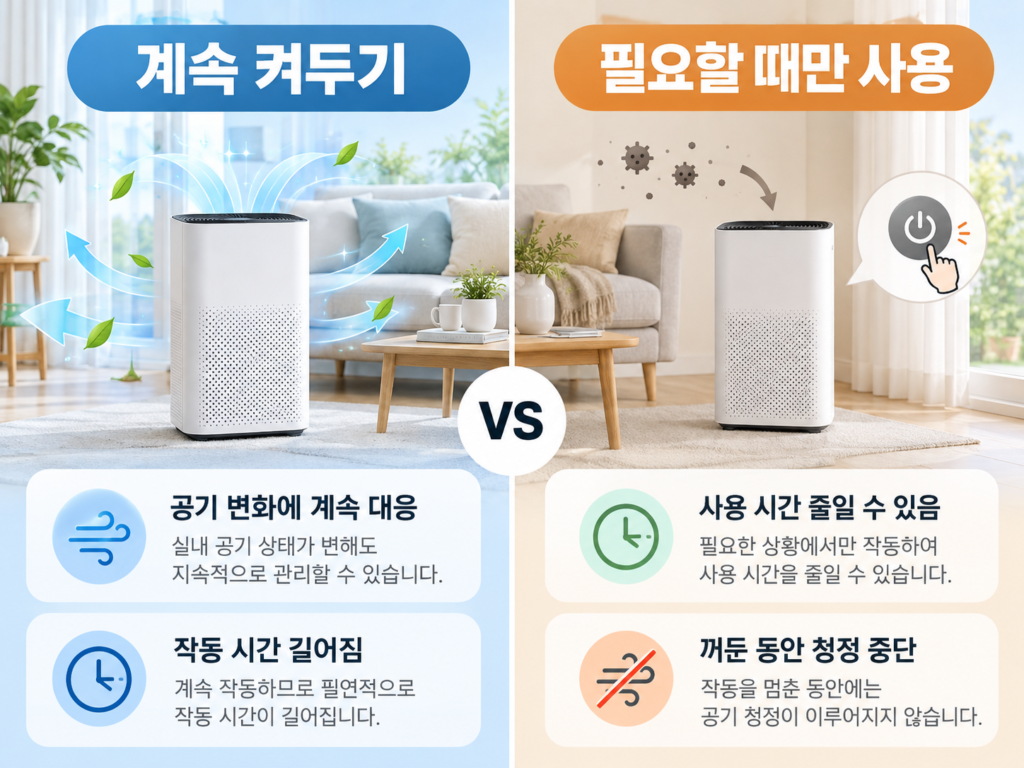 공기청정기를 계속 작동시키는 방식과 필요할 때만 사용하는 방식의 차이를 보여주는 비교 이미지