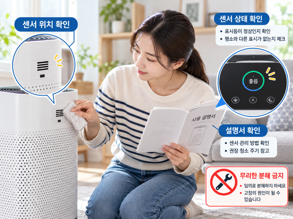 사용설명서를 확인하면서 공기청정기 먼지 센서 주변을 점검하고 청소하는 모습