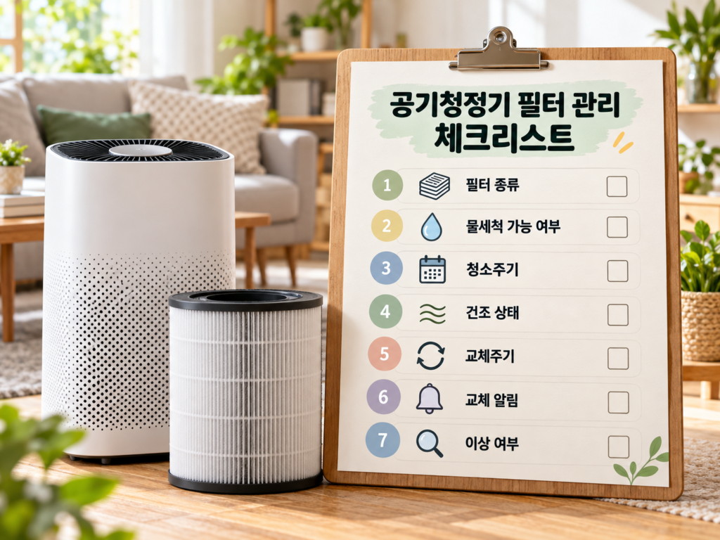 공기청정기 필터 종류 물세척 가능 여부 청소주기 건조 상태 교체주기 교체 알림 이상 여부 체크리스트