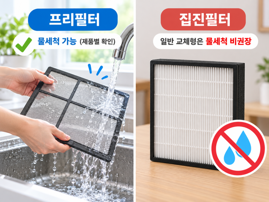 물로 세척하는 공기청정기 프리필터와 물세척을 권장하지 않는 일반 교체형 집진필터 비교