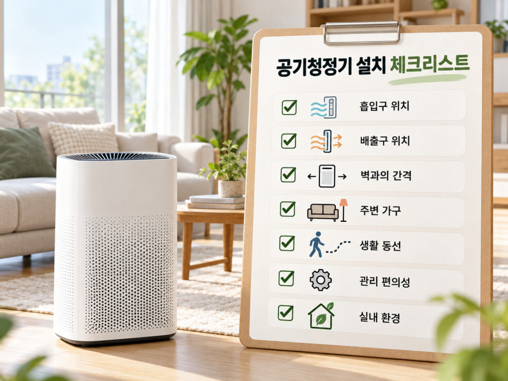 공기청정기 설치 체크리스트 흡입구 배출구 벽과의 간격 주변 가구 생활 동선 관리 편의성 실내 환경