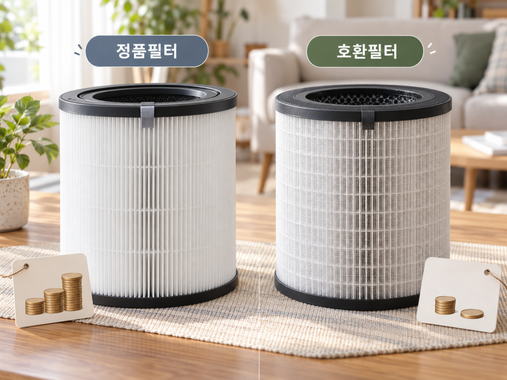 정품필터와 호환필터를 나란히 배치하고 가격 차이를 표현한 비교 이미지