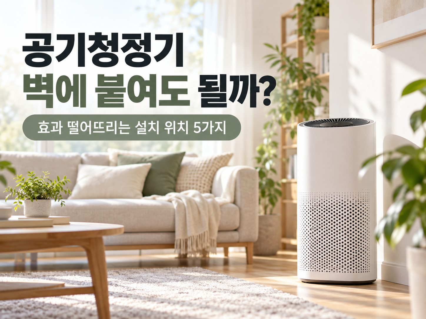 거실 벽 옆에 설치된 공기청정기와 효과 떨어뜨리는 설치 위치 5가지 안내