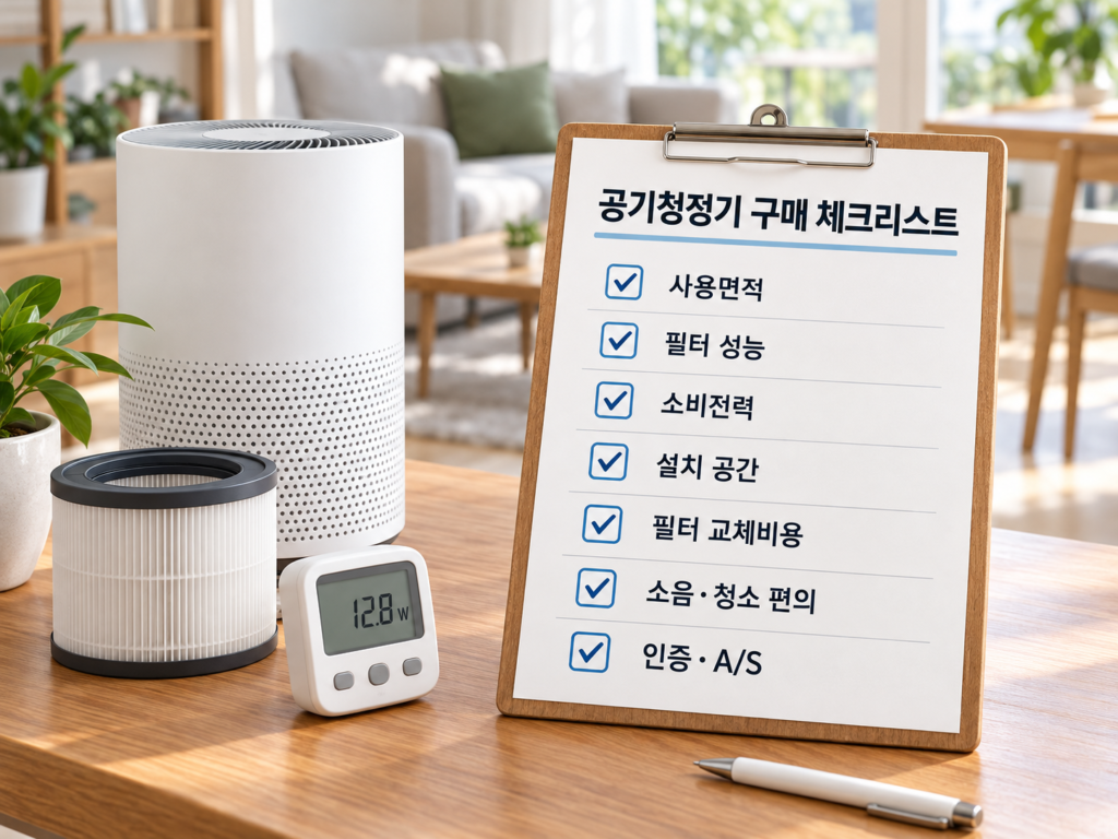 공기청정기 구매 체크리스트 사용면적 필터 성능 소비전력 설치 공간 교체비용 소음 인증 A/S