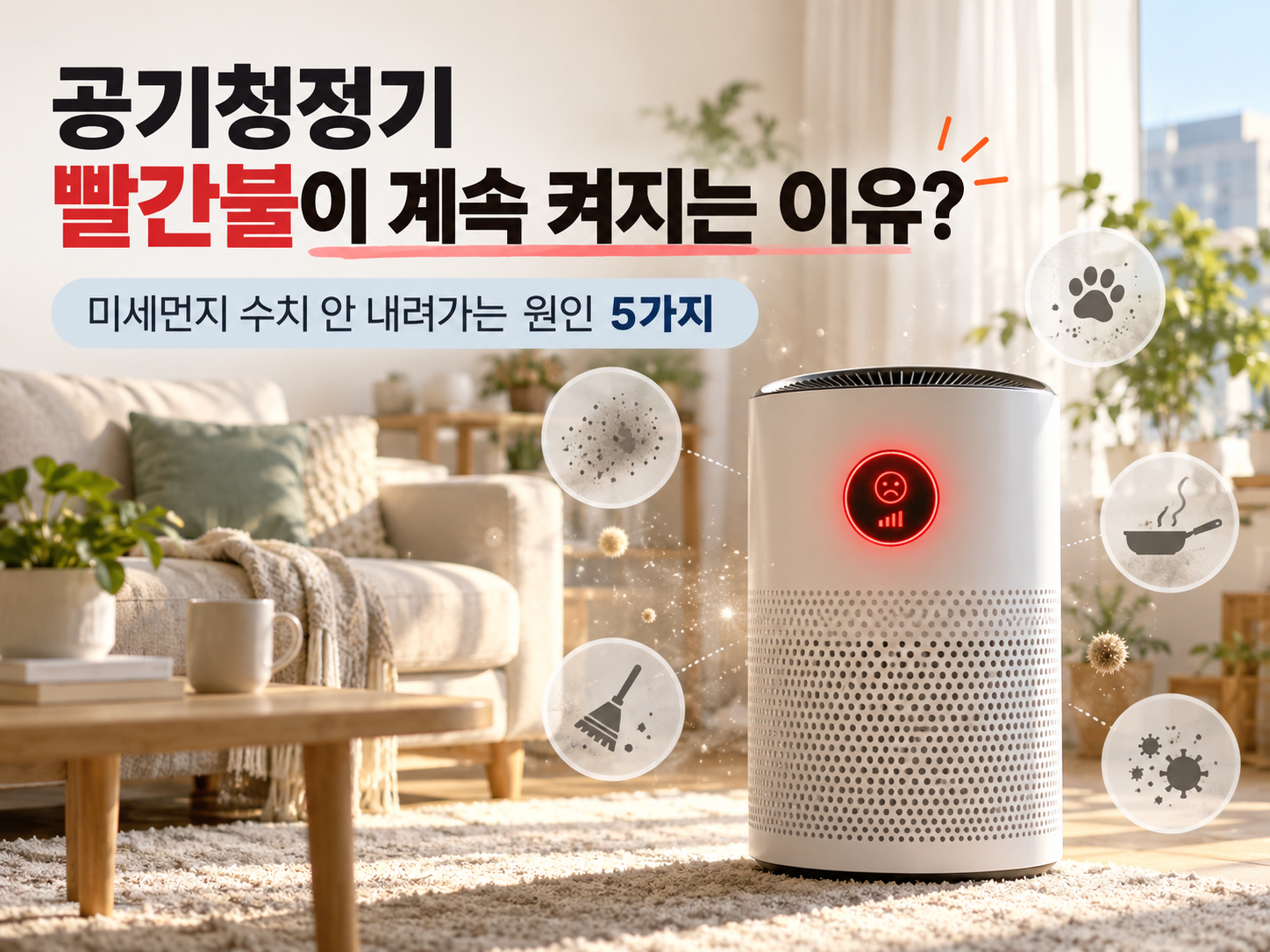 빨간색 공기질 표시등이 켜진 공기청정기와 미세먼지 수치가 내려가지 않는 원인 5가지 안내