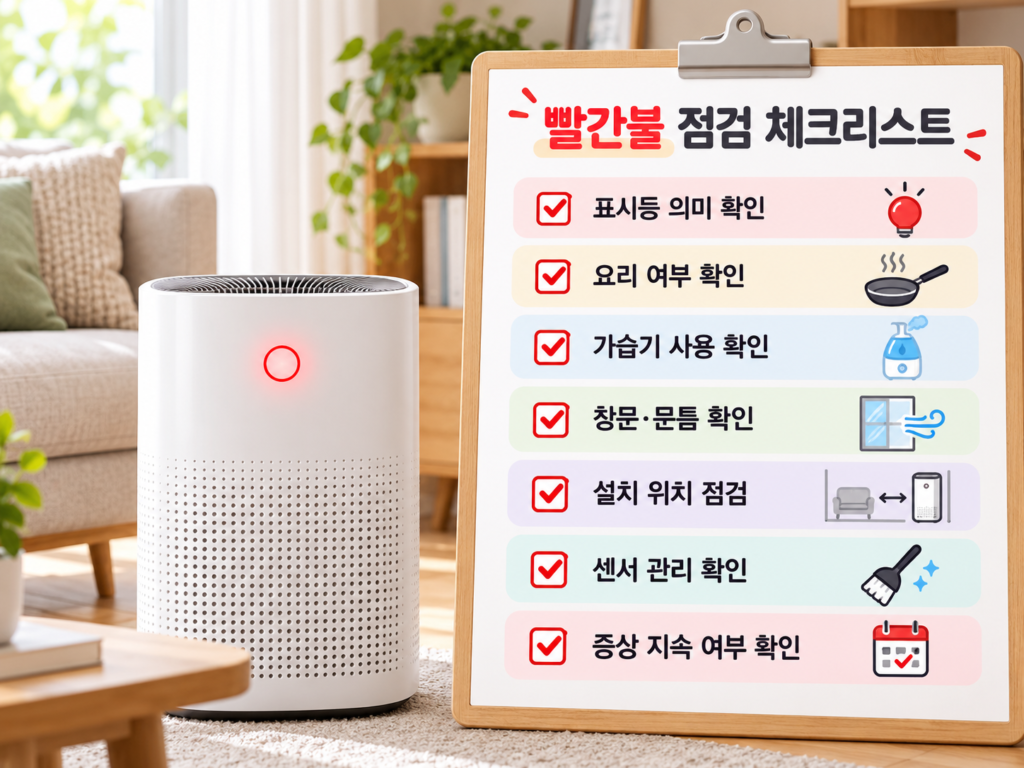공기청정기 빨간불 점검을 위한 표시등 의미 요리 가습기 창문 설치 위치 센서 관리 증상 지속 여부 체크리스트
