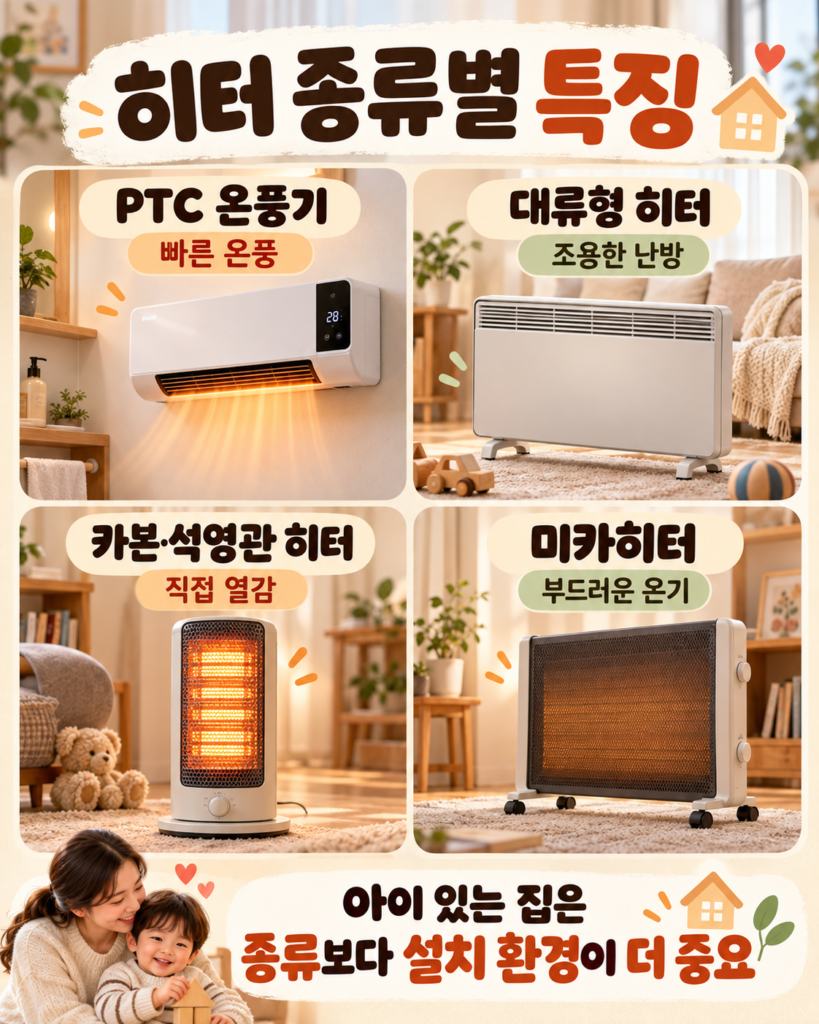 아이 있는 집에서 사용하는 PTC 온풍기 대류형 히터 카본·석영관 히터 미카히터의 외형과 난방 특징 비교