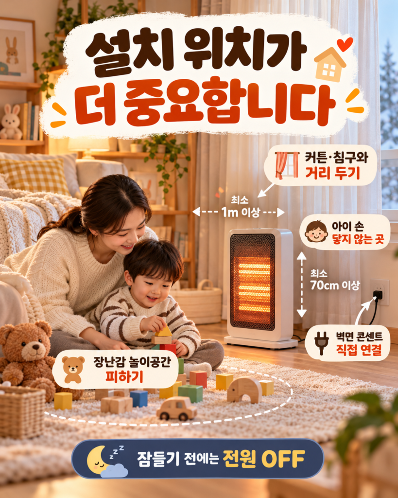 아이 놀이공간과 전기히터를 분리하고 소파 커튼 침구 등 가연물과 거리를 유지하며 벽면 콘센트에 연결하도록 안내하는 이미지
