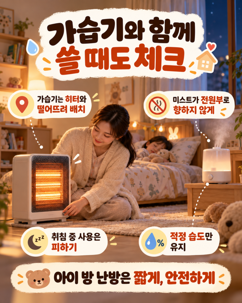 아이 방에서 가습기와 전기히터를 떨어뜨려 설치하고 미스트가 전원부로 향하지 않도록 하며 취침 중 히터 사용을 피하는 안전 안내 이미지