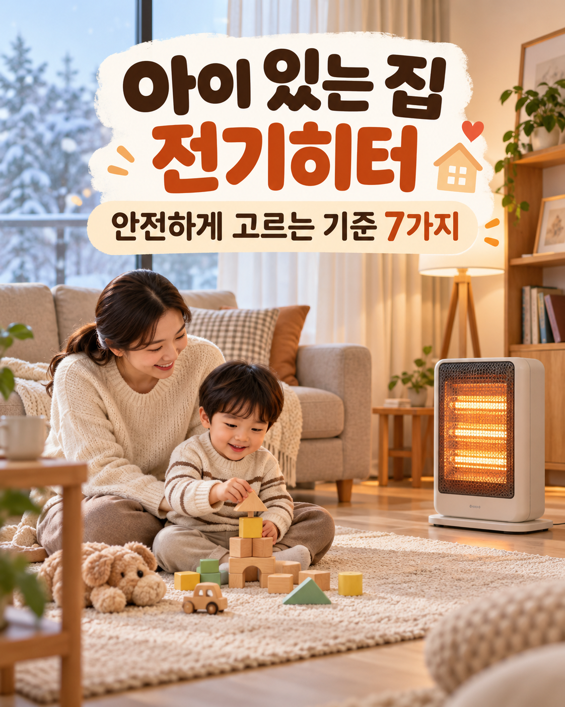 아이와 보호자가 겨울 거실에서 놀이하는 모습과 아이 있는 집 전기히터 안전 선택 기준 7가지를 소개하는 대표이미지