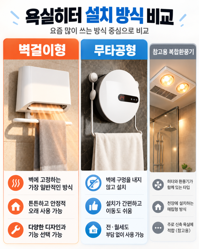 욕실온풍기의 벽걸이형 무타공형 천장형 설치 모습과 설치 전 확인사항을 비교한 이미지