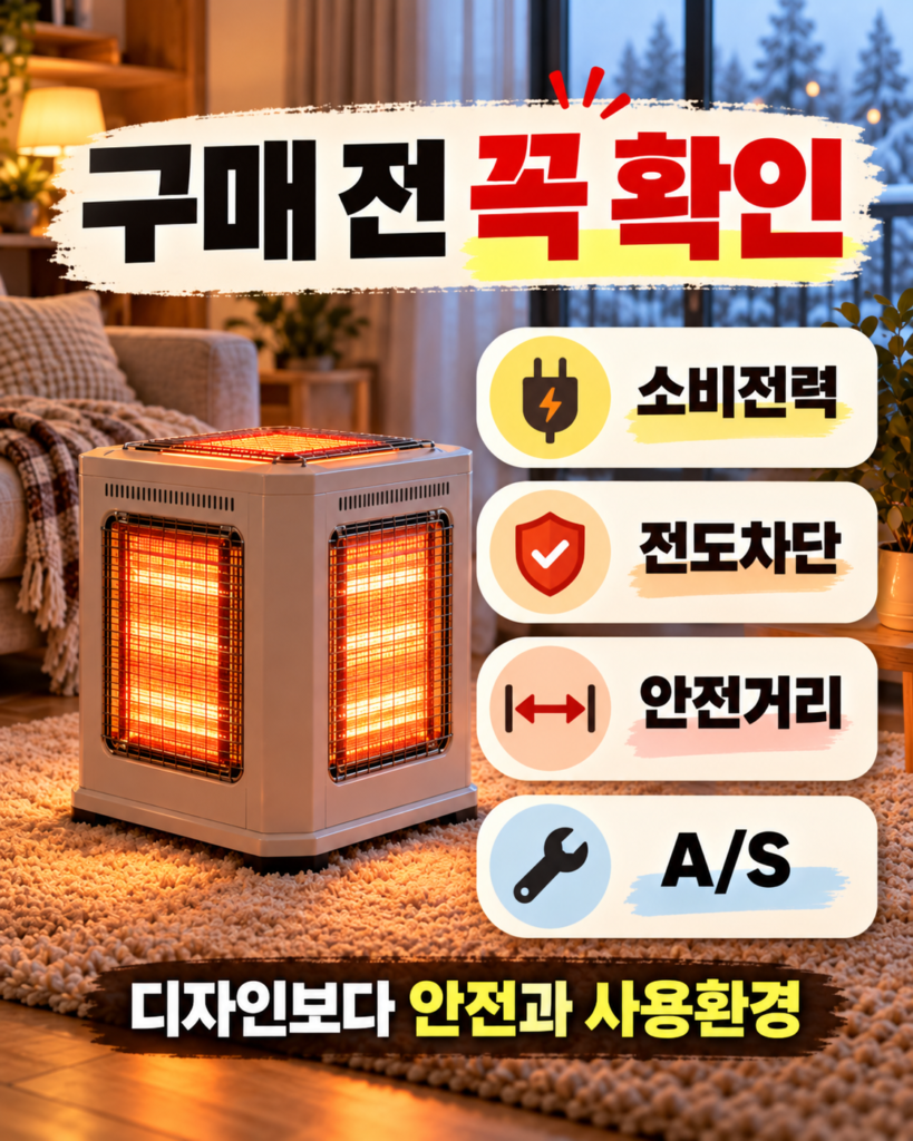 오방난로 제품과 소비전력, 전도 차단, 안전거리, A/S 등 구매 전 확인할 사항을 정리한 이미지