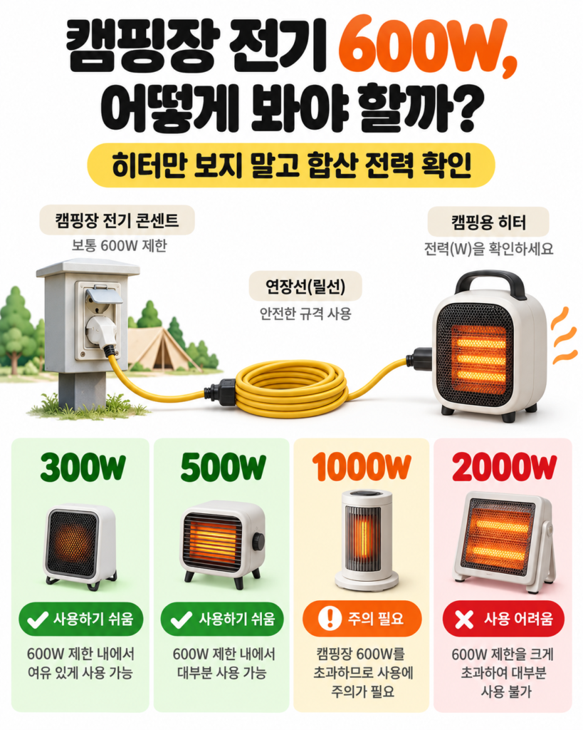 캠핑장 전기 600W 제한을 기준으로 300W 500W 1000W 2000W 전기히터의 소비전력을 비교한 인포그래픽