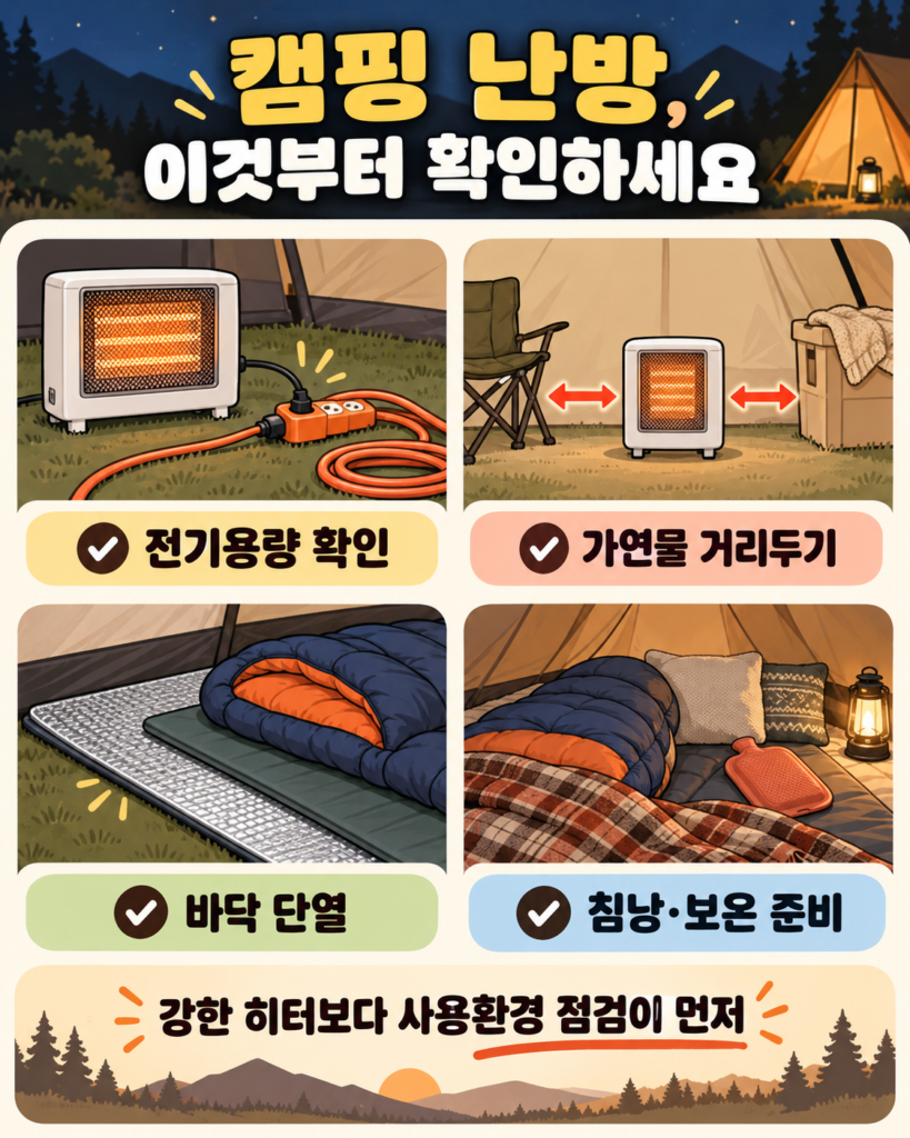 캠핑 난방 시 전기 용량 확인과 가연물 안전거리 확보, 바닥 단열, 침낭과 보온 장비 준비를 안내하는 이미지