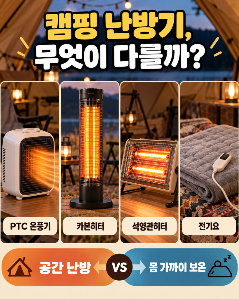 캠핑용 난방기 종류인 PTC 온풍기 카본히터 석영관히터 전기요의 외형과 난방 목적 비교