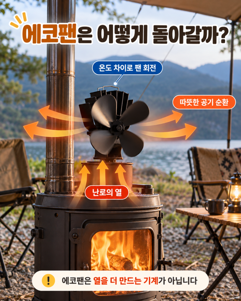 야외 화목난로 위 에코팬이 난로의 열을 이용해 회전하며 따뜻한 공기를 주변으로 보내는 모습