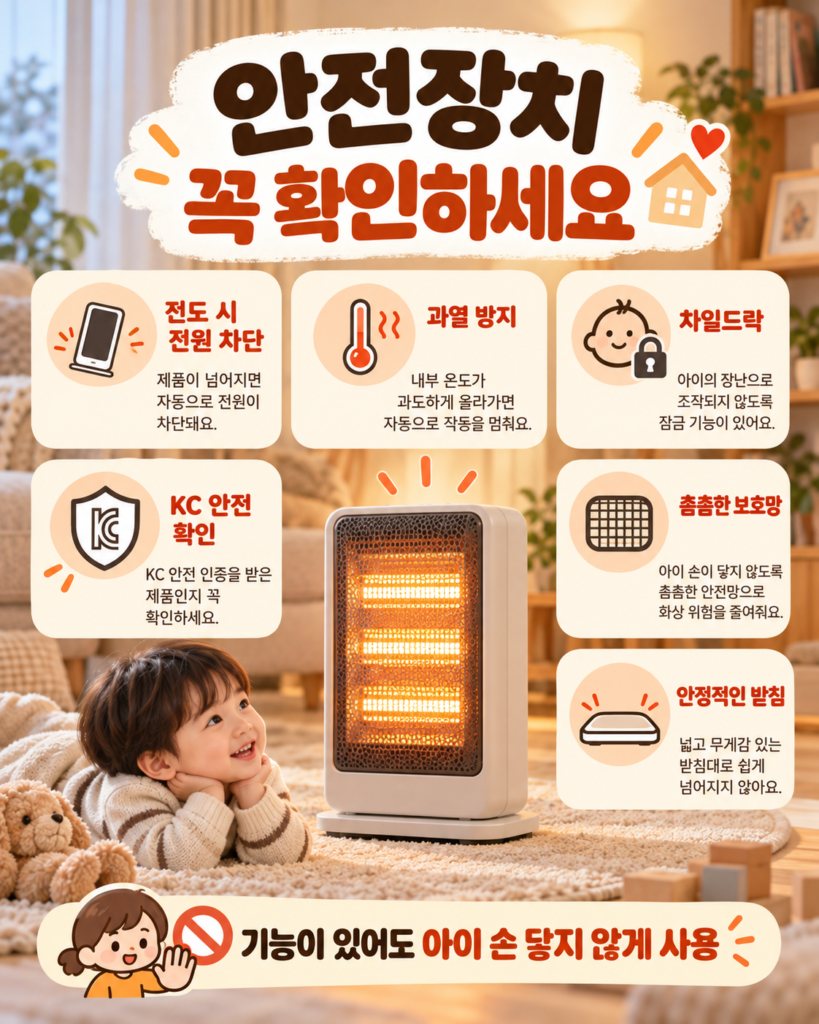 전기히터의 전도 시 전원 차단 과열 방지 차일드락 KC 안전 확인 보호망 안정적인 받침 구조를 설명한 이미지