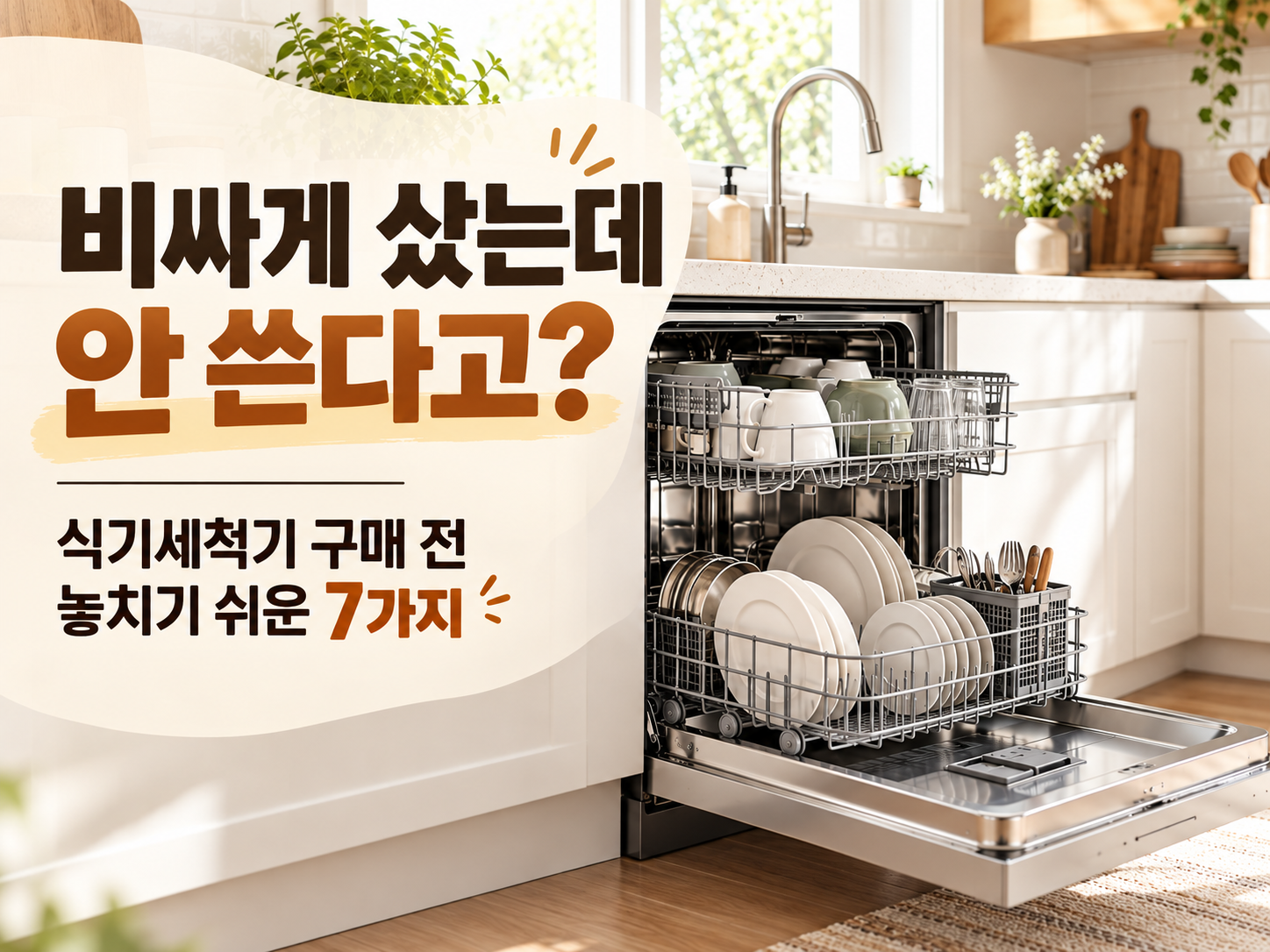 밝은 주방에 설치된 빌트인 식기세척기와 내부에 정리된 그릇들