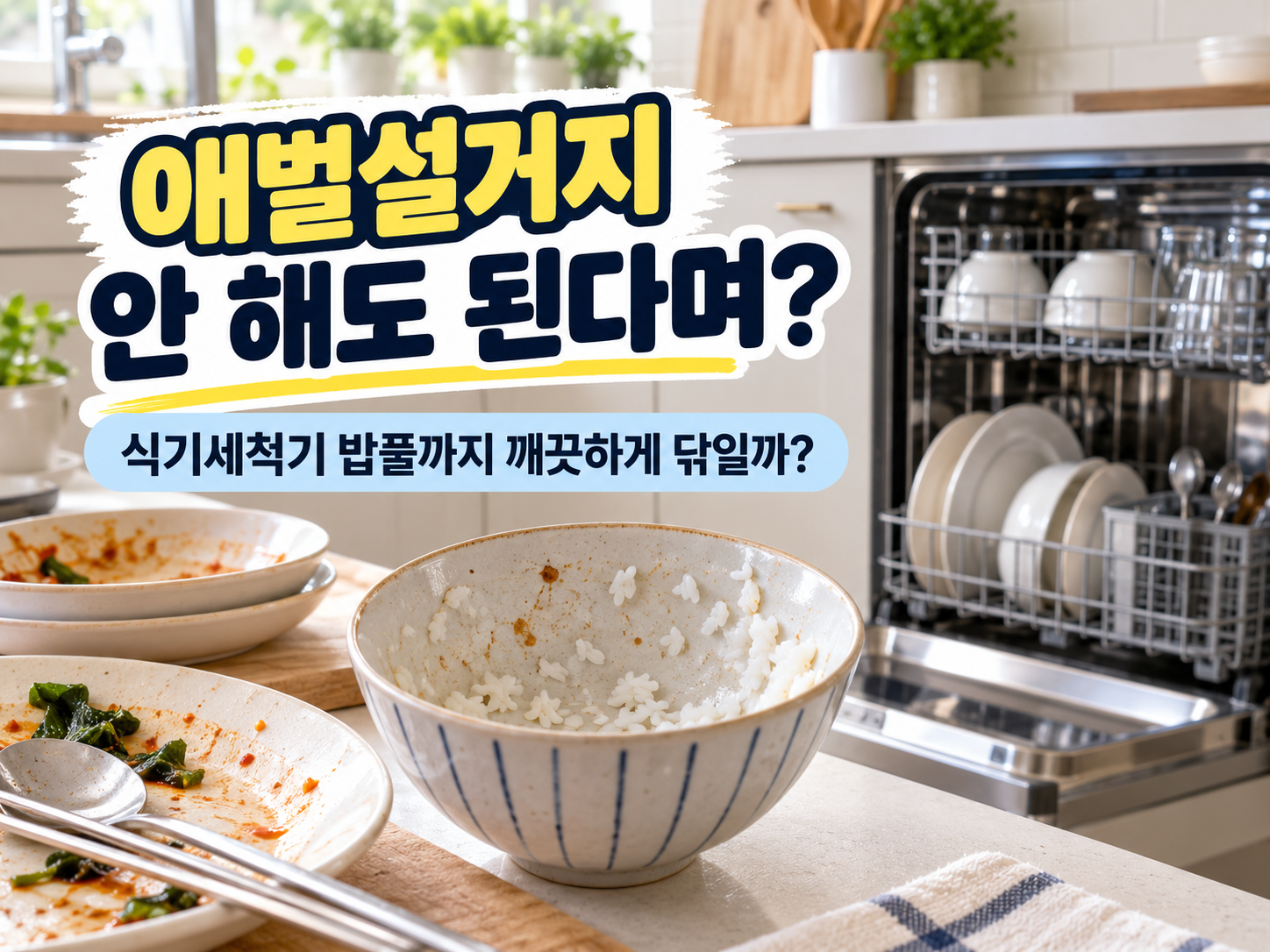 밥풀이 남은 밥그릇과 열린 식기세척기를 배경으로 애벌설거지가 필요한지 묻는 대표이미지
