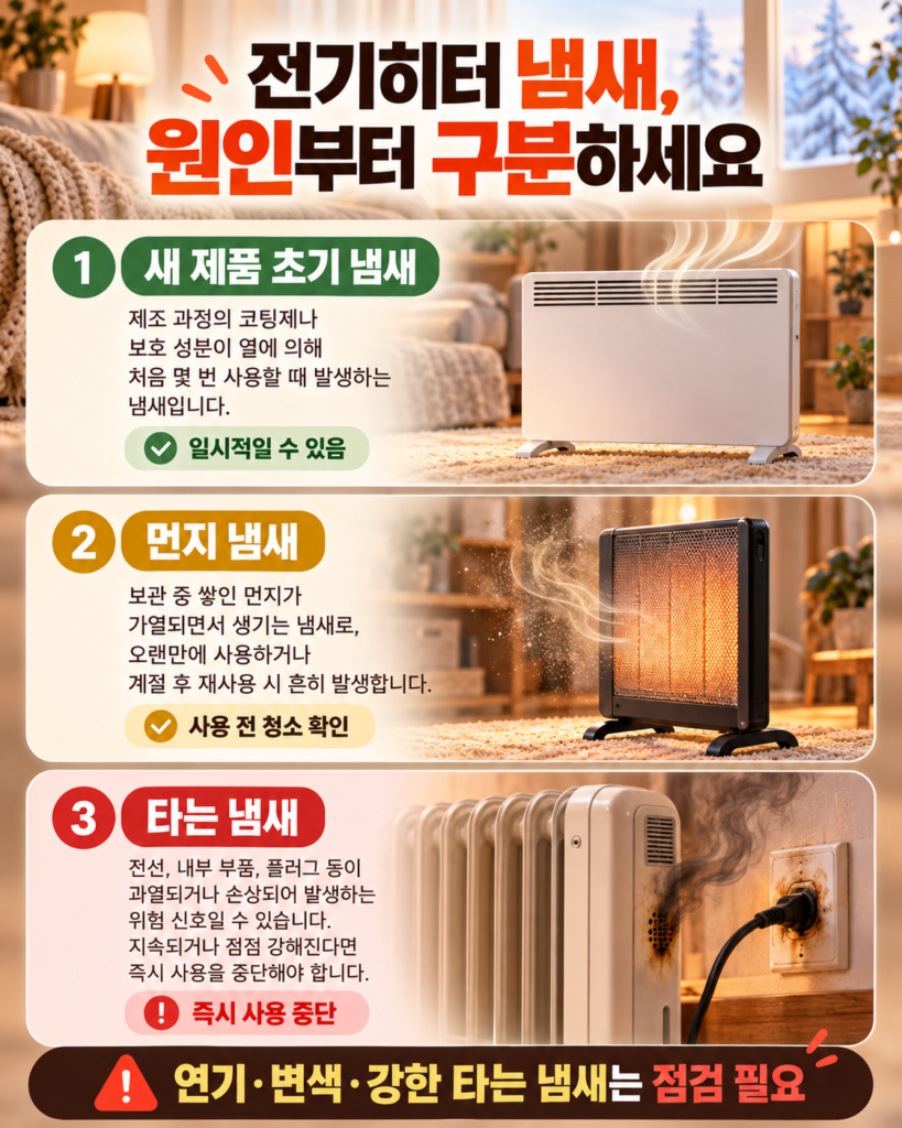 새 전기히터의 초기 냄새 장기간 보관 후 먼지 냄새 플러그 과열로 발생하는 위험한 타는 냄새를 구분한 이미지
