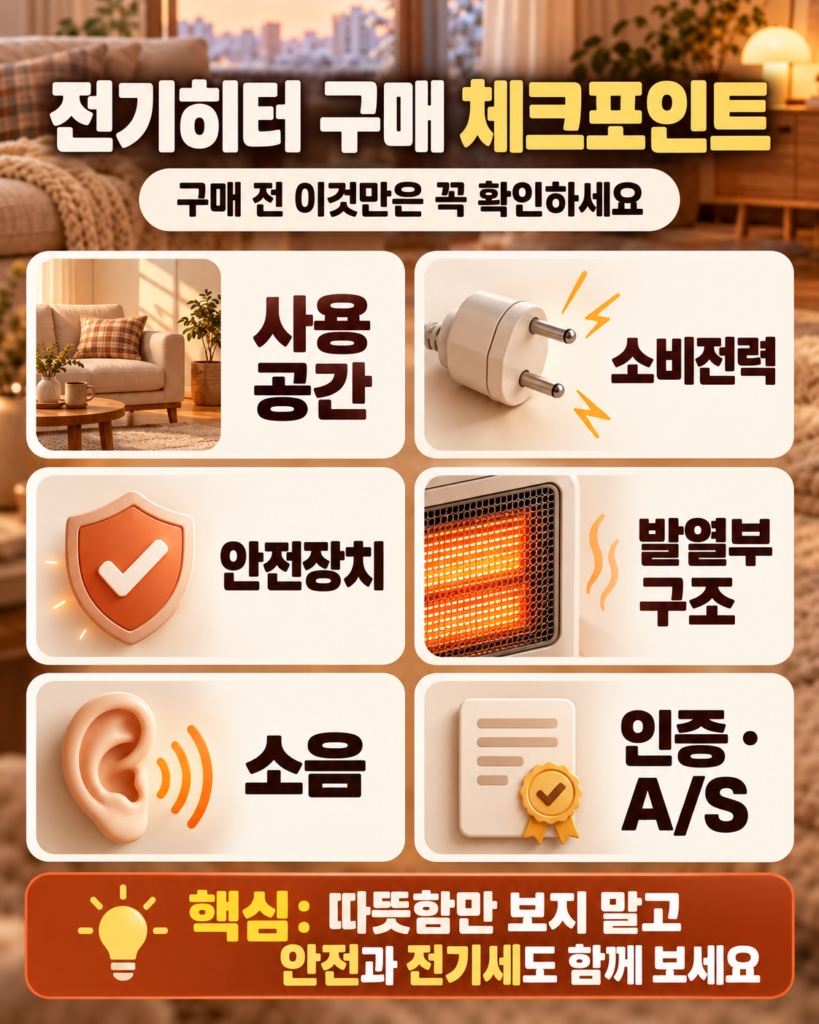 전기히터 구매 전 사용 공간, 소비전력, 안전장치, 발열부 구조, 소음, 인증 및 A/S를 확인하는 체크포인트