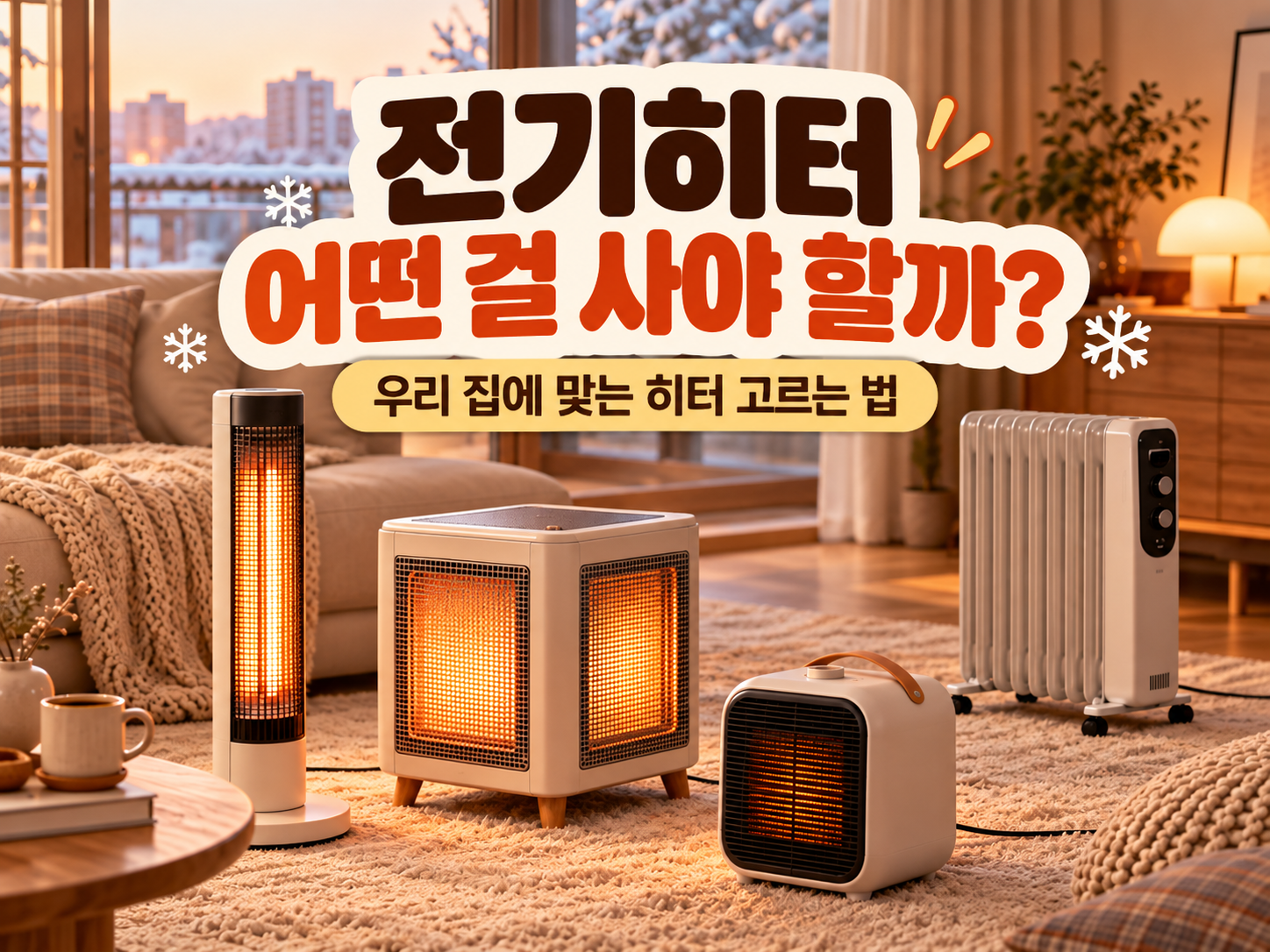 전기히터 종류별 구매 가이드, 카본히터·오방난로·PTC 온풍기·라디에이터가 배치된 거실
