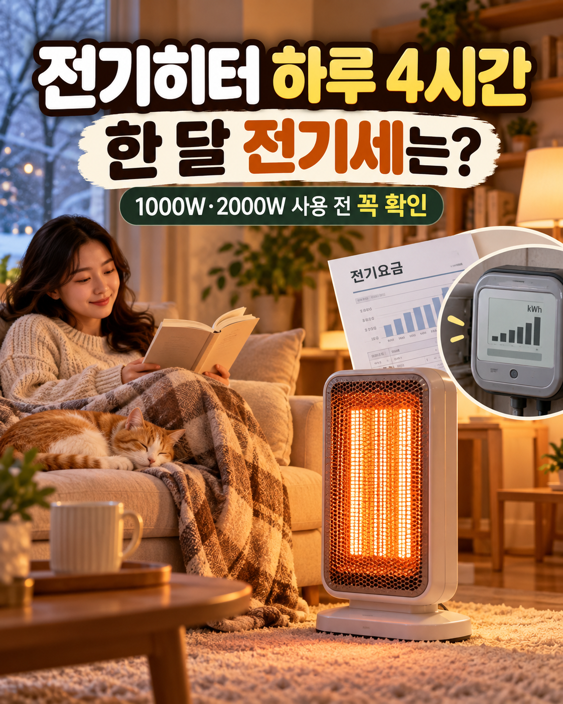 겨울 거실에서 전기히터를 사용하는 모습과 하루 4시간 사용 시 한 달 전기세를 확인하는 대표이미지