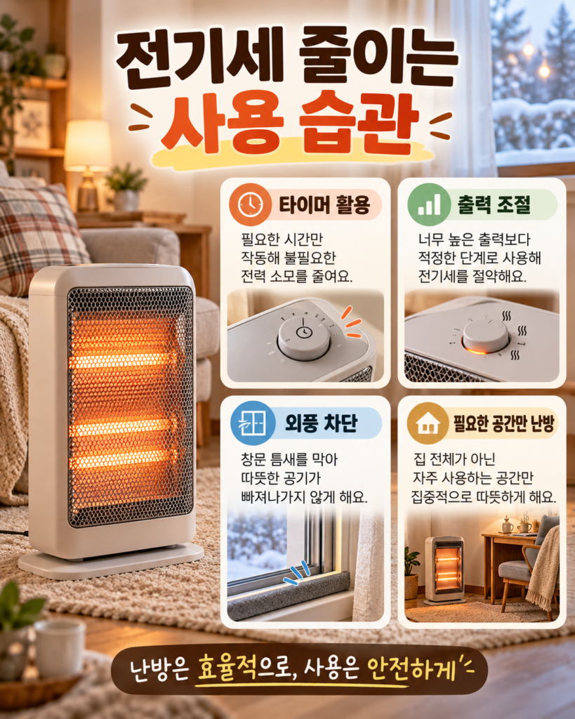 전기히터 전기세를 줄이는 타이머 활용 출력 조절 외풍 차단 필요한 공간 난방 방법을 안내하는 이미지