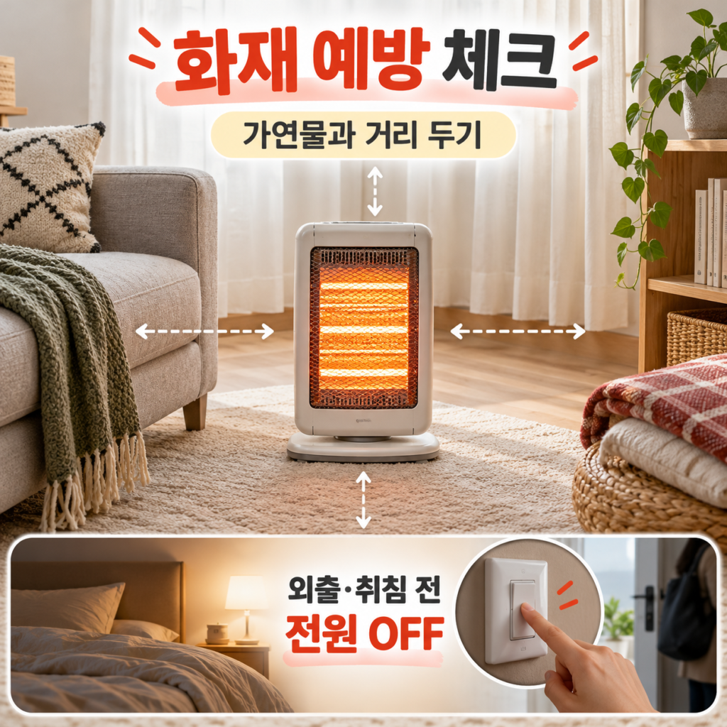 전기히터 주변 커튼 소파 담요 등 가연물과 안전거리를 확보하고 외출하거나 잠들기 전 전원을 끄는 방법을 안내하는 이미지