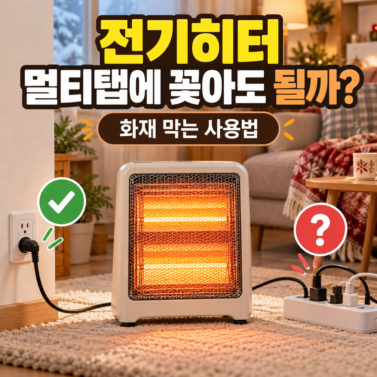 전기히터를 벽면 콘센트에 직접 연결한 모습과 여러 전기제품이 연결된 멀티탭을 비교한 안전 안내 이미지