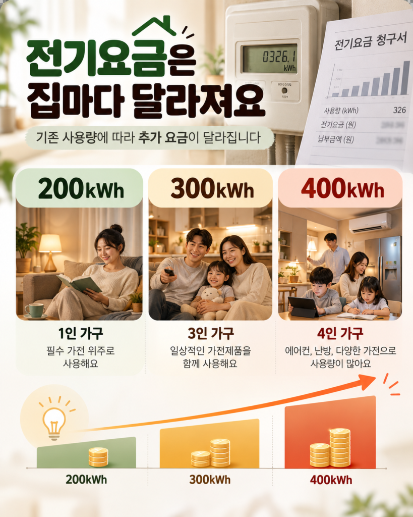 기존 월 전기사용량이 200kWh 300kWh 400kWh인 가정의 추가 전기요금 차이를 설명하는 이미지
