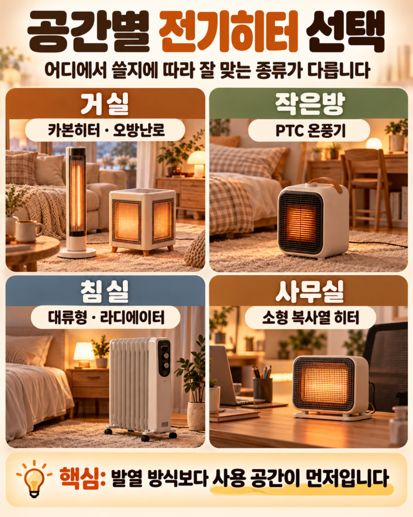 거실에는 카본히터와 오방난로, 작은방에는 PTC 온풍기, 침실에는 라디에이터, 사무실에는 소형 히터를 제시한 비교 이미지