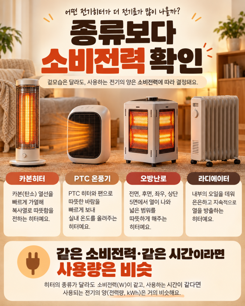 카본히터 PTC 온풍기 오방난로 전기 라디에이터의 외형과 소비전력에 따른 전기사용량 비교