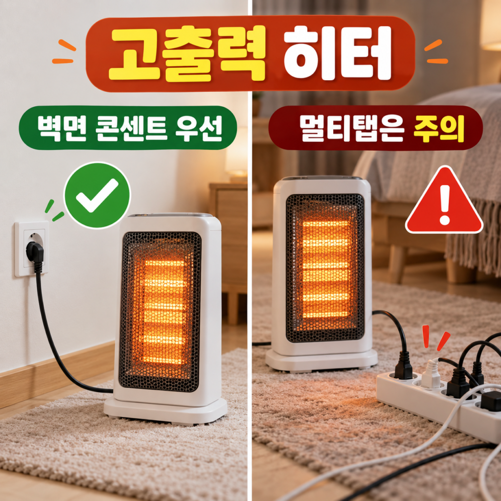 고출력 전기히터를 벽면 콘센트에 직접 연결하는 방법과 멀티탭 연결 시 주의해야 할 상황을 비교한 이미지