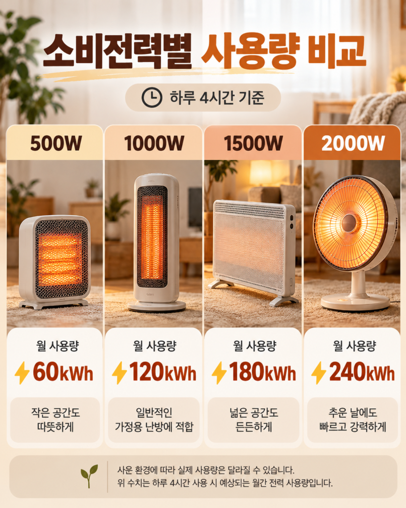 500W 1000W 1500W 2000W 전기히터를 하루 4시간씩 30일 사용했을 때 각각 60 120 180 240kWh가 소비되는 비교 이미지