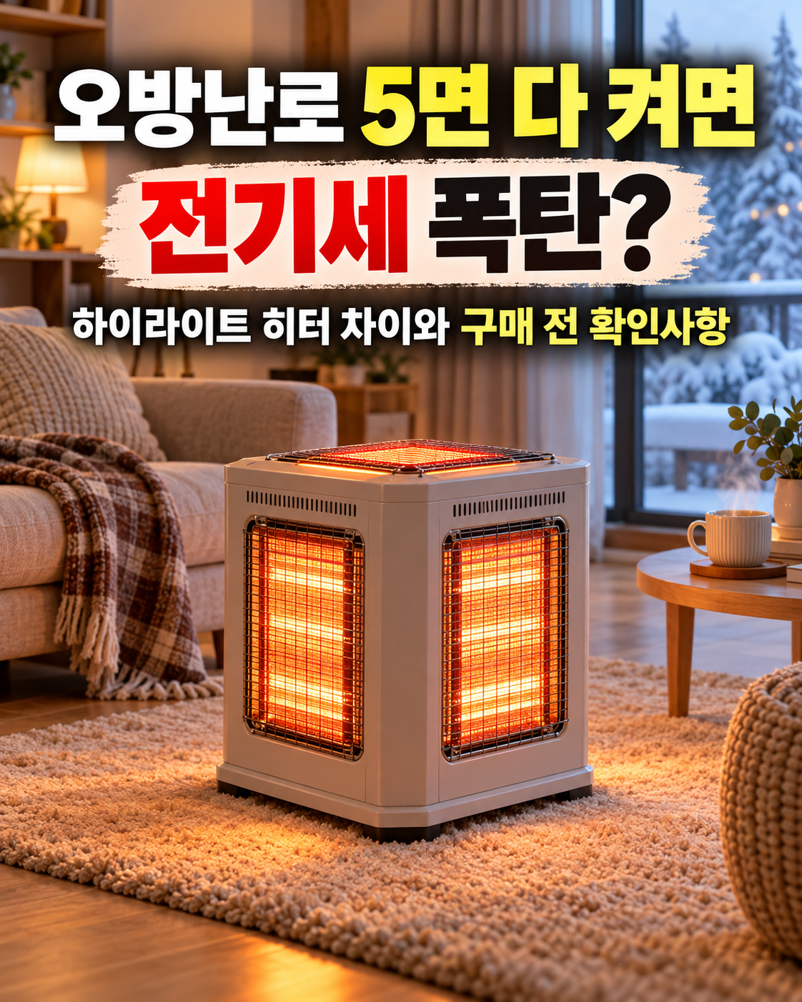 겨울 거실에 설치된 5면 발열 오방난로와 전기세 및 하이라이트 히터 비교 안내 문구
