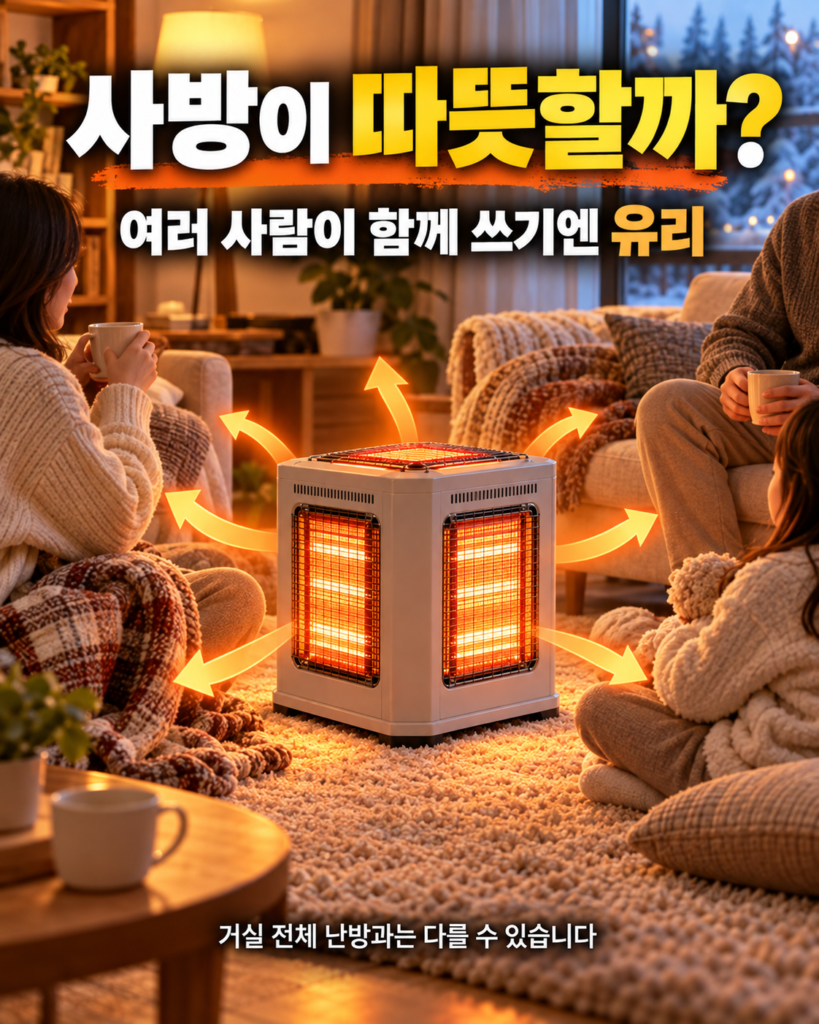 겨울 거실에서 여러 사람이 오방난로 주변에 앉아 다방향 복사열을 받는 모습