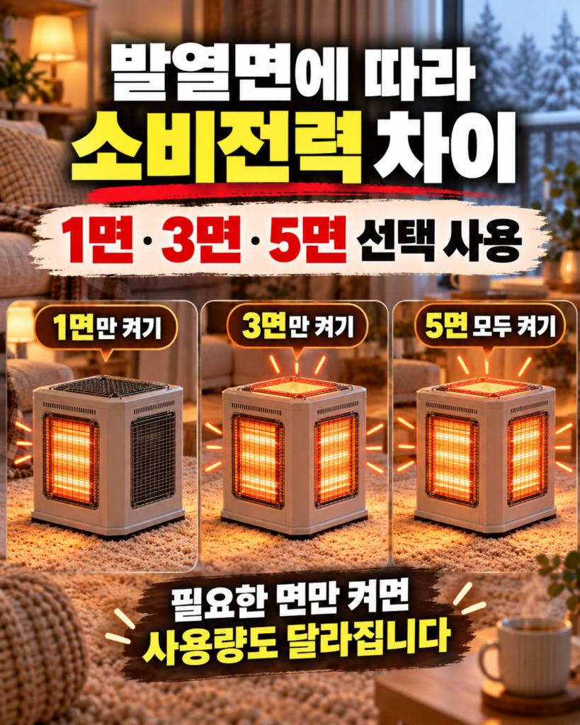 오방난로의 발열면을 한 면, 세 면, 다섯 면 선택해 작동시키는 모습을 비교한 이미지