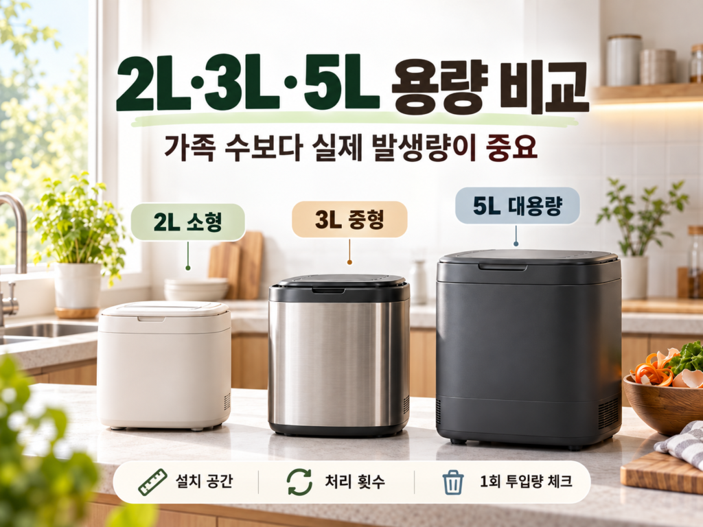 2L 소형 3L 중형 5L 대용량 음식물처리기를 나란히 비교한 이미지