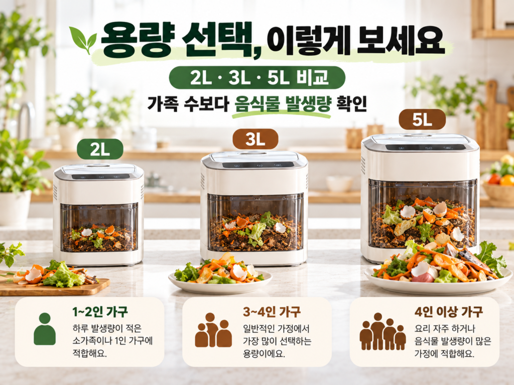 2L 3L 5L 음식물처리기를 나란히 배치하고 가정별 음식물 발생량을 비교한 이미지