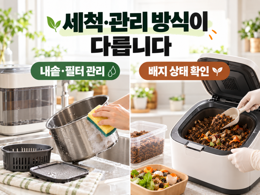 건조분쇄식 음식물처리기의 분리형 내솥 세척과 미생물식 음식물처리기의 배지 상태 점검 비교