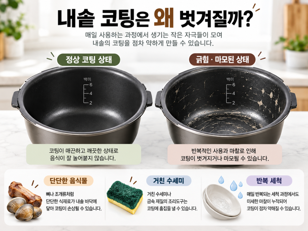 정상적인 음식물처리기 내솥과 긁힘 및 코팅 마모가 발생한 내솥 비교
