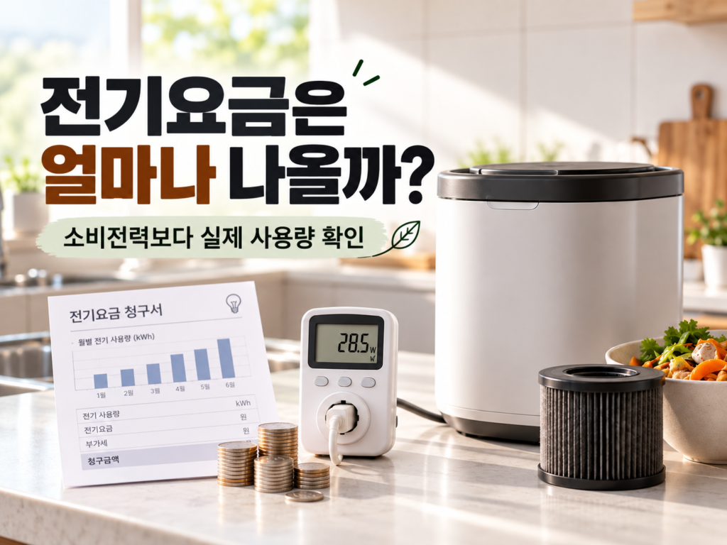 음식물처리기와 전력 측정기, 월별 전기 사용량을 나타낸 고지서