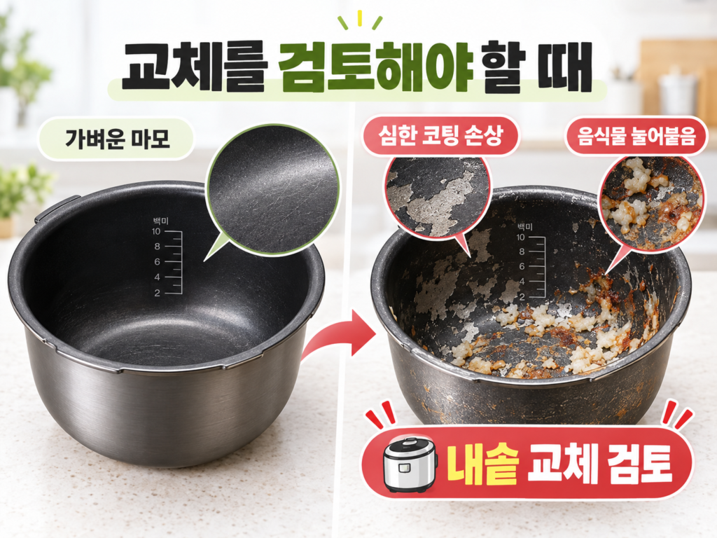가벼운 코팅 마모와 심한 코팅 손상 및 음식물 눌어붙음 상태 비교