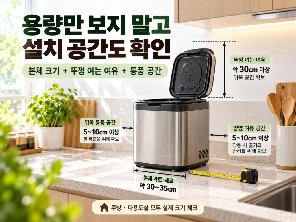 주방 조리대에 설치된 음식물처리기의 뚜껑 개방 공간과 주변 통풍 간격 안내