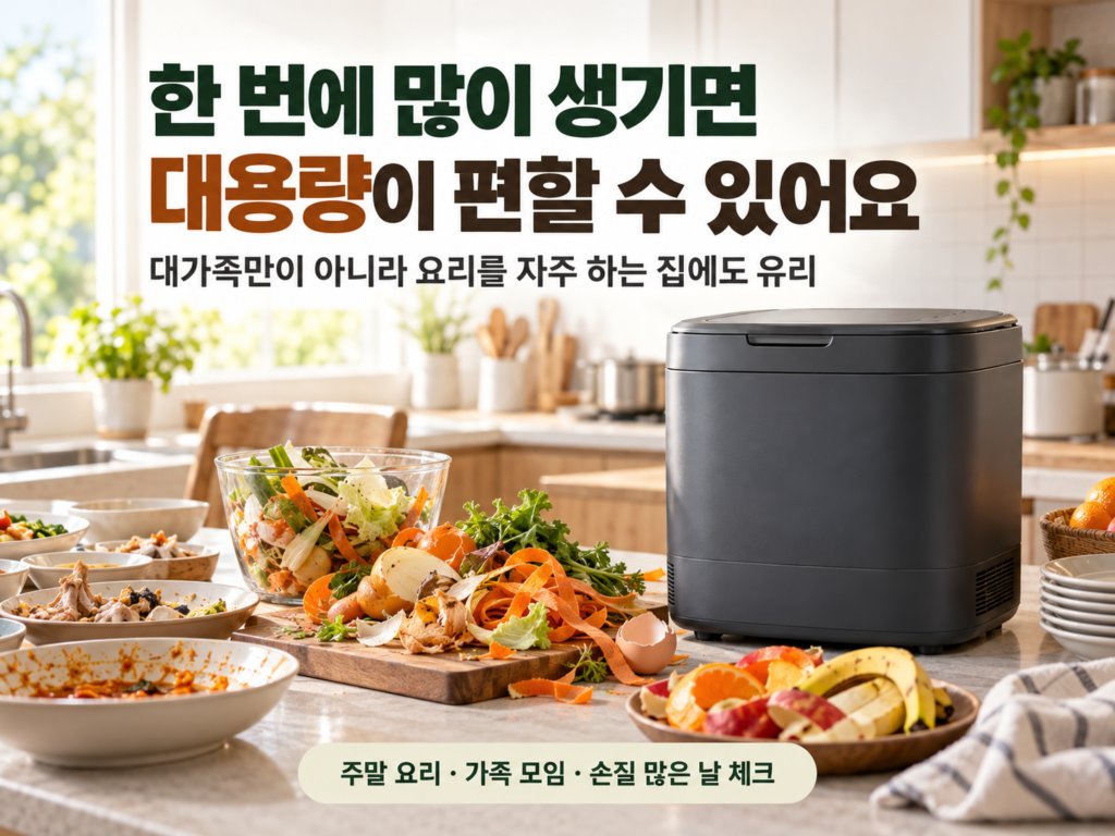 음식물쓰레기가 많이 발생한 주방 식탁과 대용량 음식물처리기